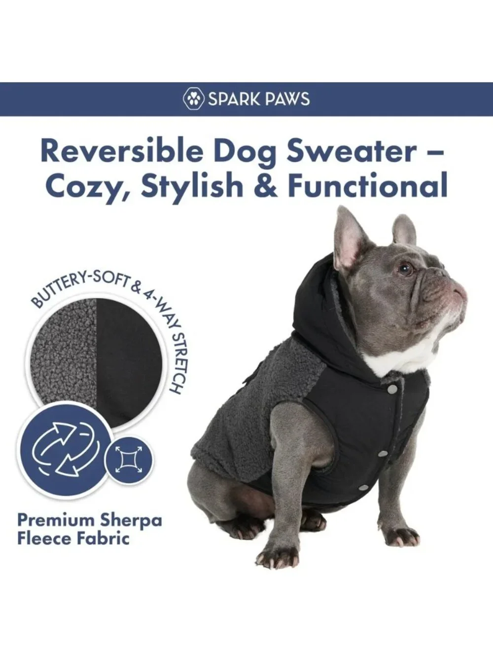 Spark Paws Black Gray Fleece Reversible Dog Hoodie Sweater 2XL Big Dogs NEW